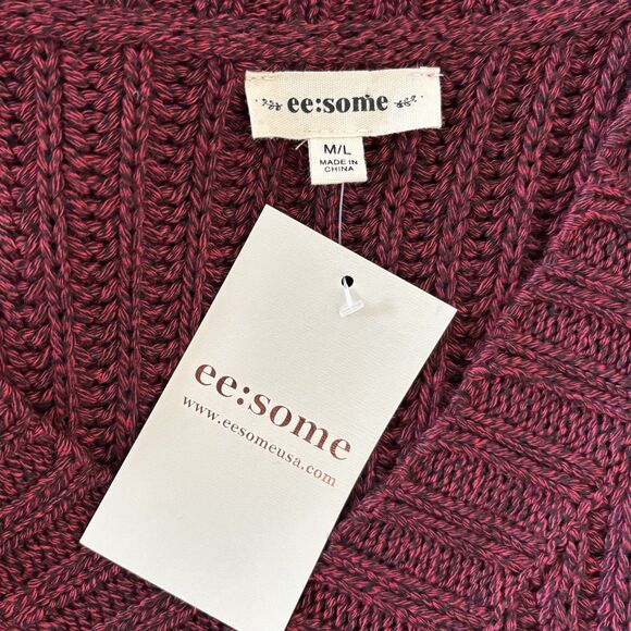 ee some Chunky Cropped Sweater Burgundy V Neck Boxy Fit Cable Knit - Picture 6 of 8
